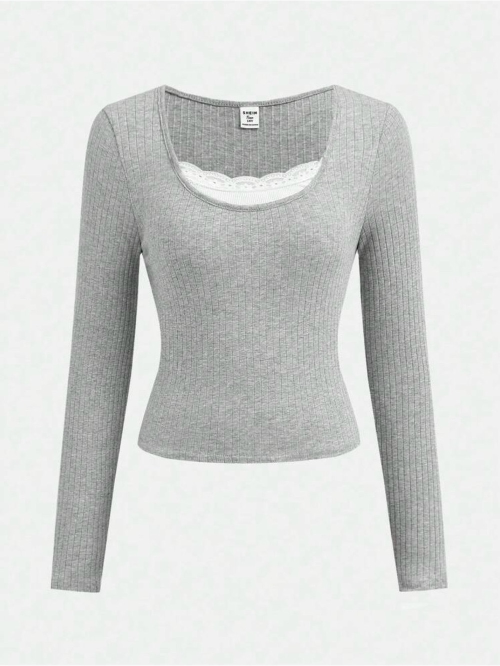 Gray Ribbed Scoopneck Long Sleeve Lace-Trim Top